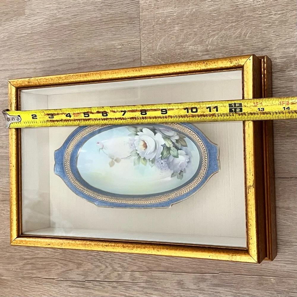 Hand Painted White Roses On Blue Oval Plate Bowl By Creative Frames RARE Vintage